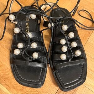 Stuart Weitzman Black Leather and Pearl Gladiator Lace-Up Sandals